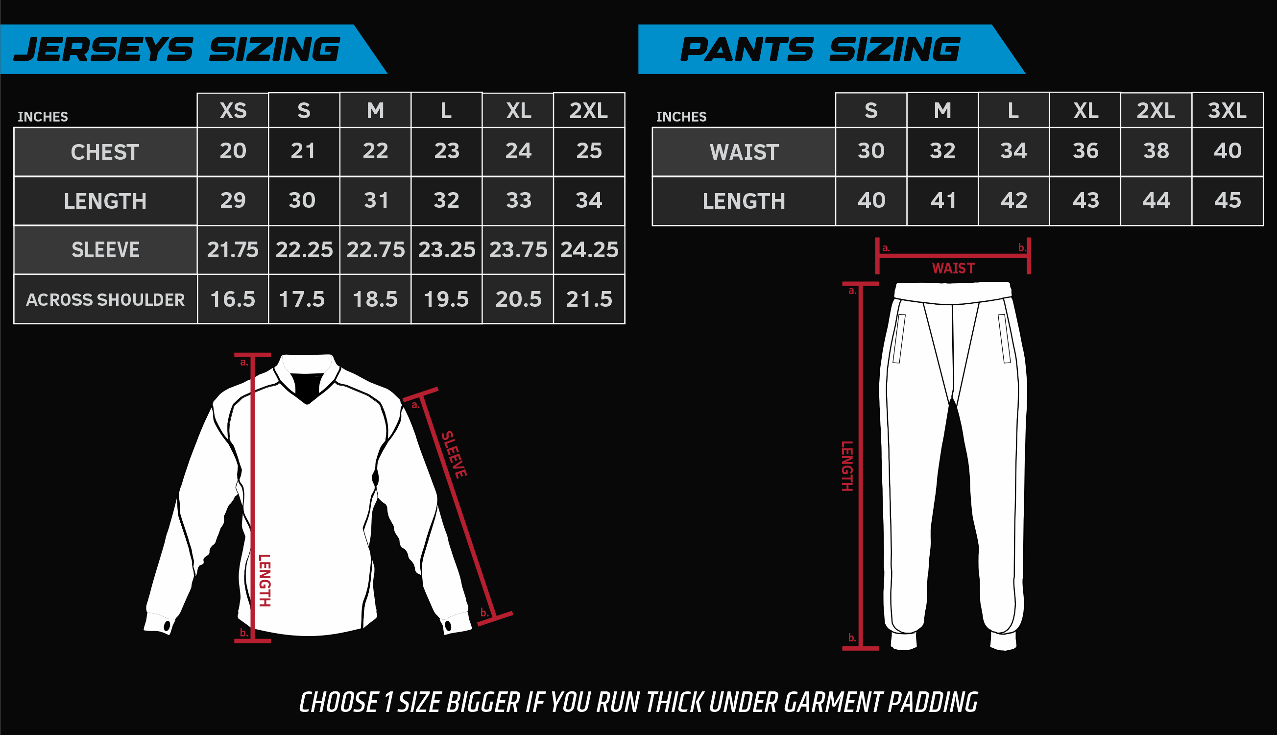 Size chart for jerseys and pants